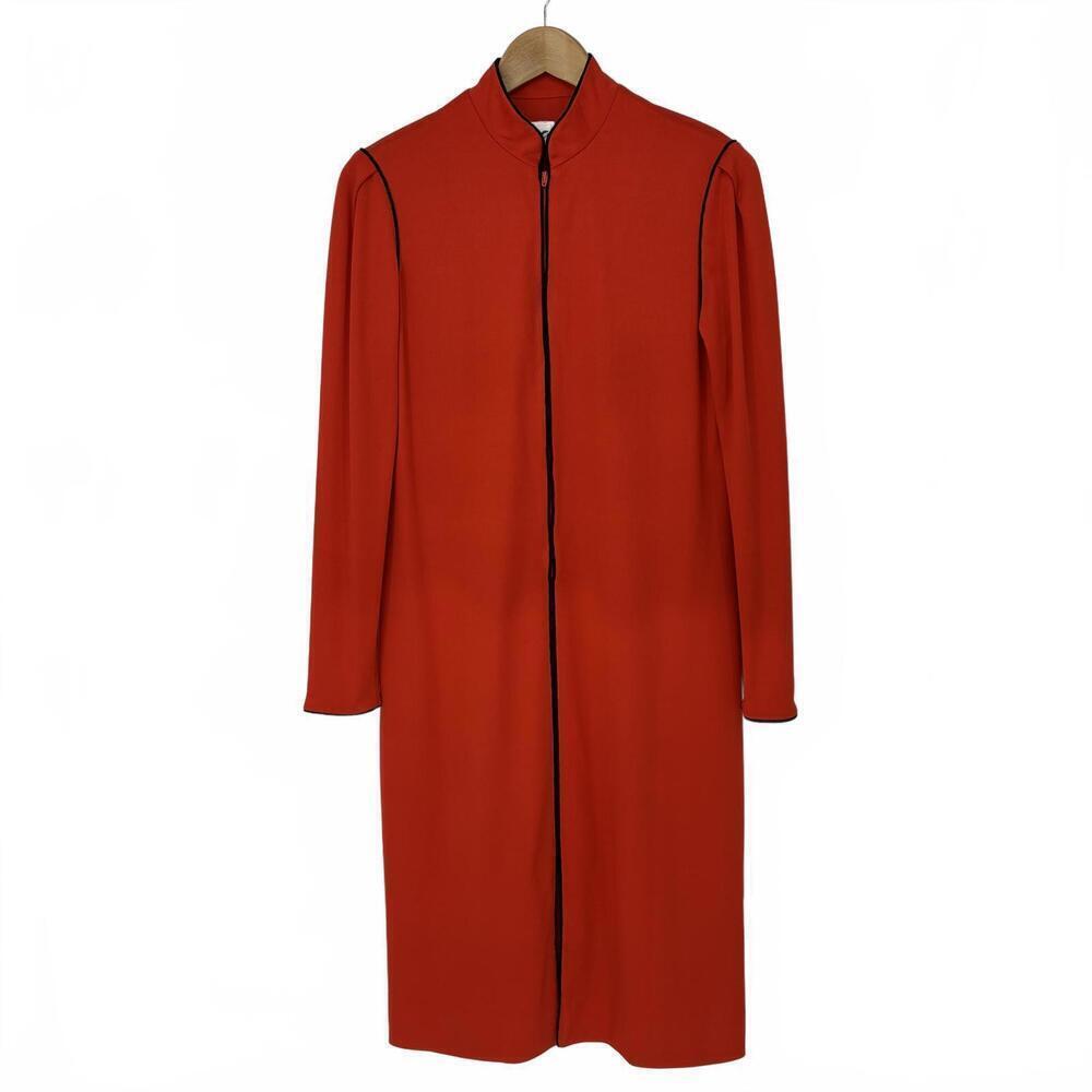 Rare Vintage 1970's Victor Costa Red Black Trim LS House Coat Robe Zip Front